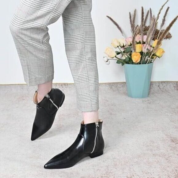 Black Women's Formal Pointed Closed Toe Flats Ankle Boots Low Heel Basic Booties - Picture 1 of 7